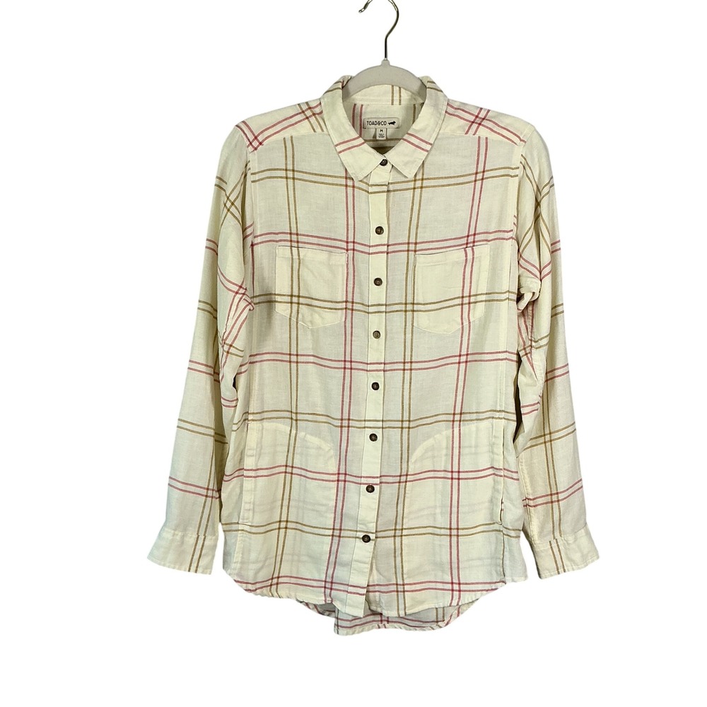 Toad&Co Womens Medium Plaid Button Down Shirt Cream Red Long Sleeve Side Pockets